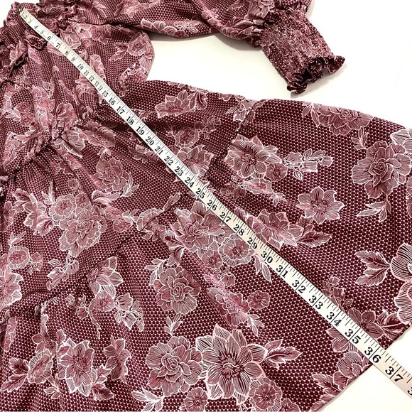 ELOQUII Elements Wine Floral Satin Dress Plus Size 14/16 Ruffle Yoke Long Sleeve - Picture 15 of 15